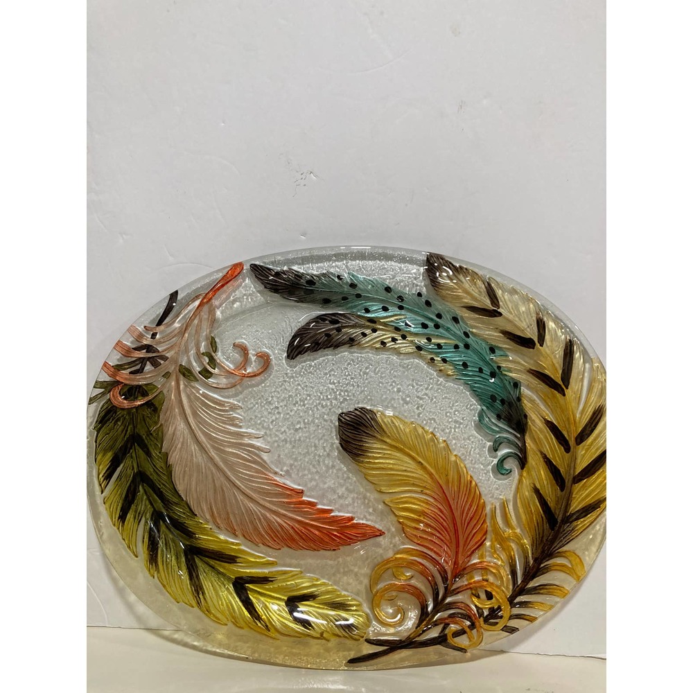 Oval Glass tray  Inlayed with‎ Feathers  15"x 12"